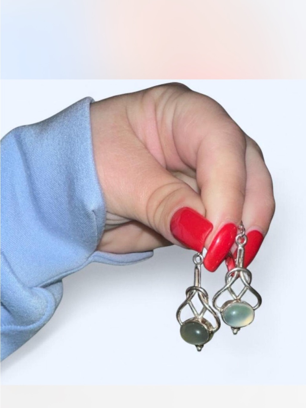 Silver Knot Drop Earrings with Green Gemstone